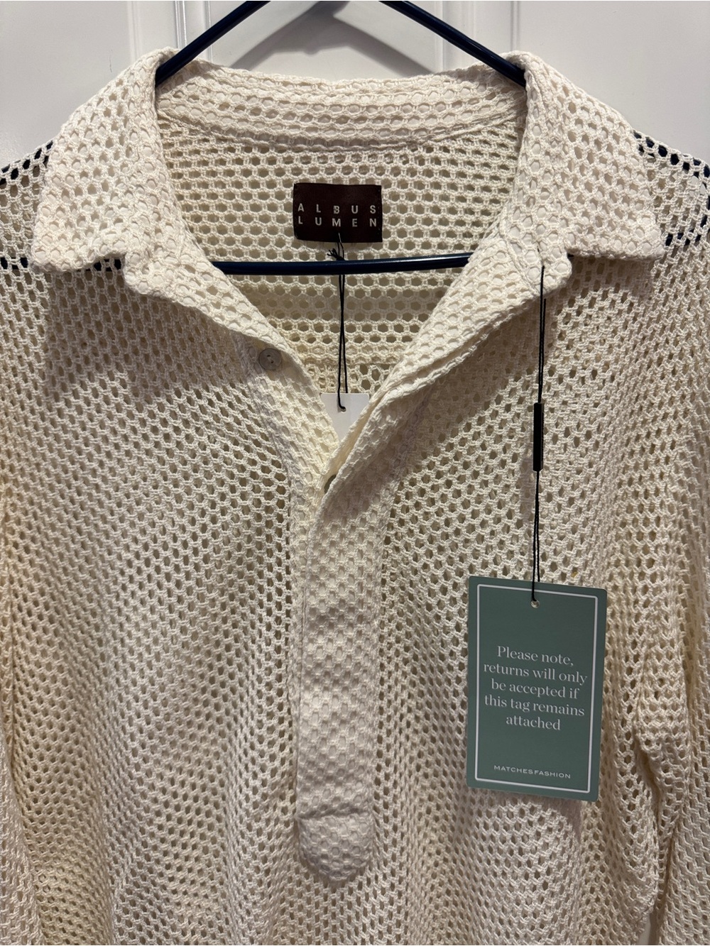 NWT Albus Lumen Cream Mesh Knit Long-Sleeve 100% Silk Polo Shirt Textured Weave - Picture 2 of 9